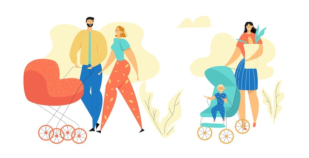 Vektor junge familie, die im park geht. eltern mit kinderwagen. mama und papa mit neugeborenem kind. glückliche mutter und vater mit kinderwagen.