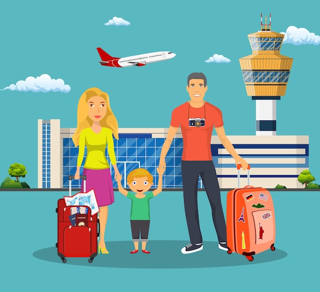Junge Familie mit Kindern vor dem Flughafen