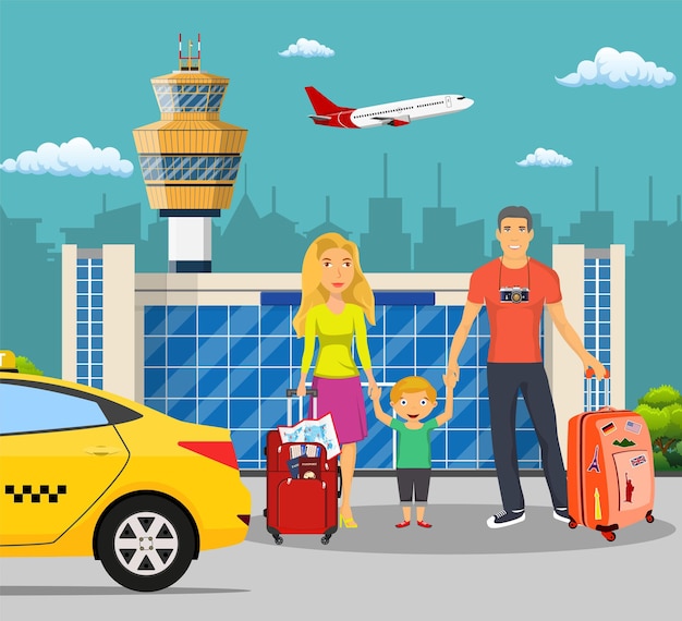 Junge Familie mit Kindern vor dem Flughafen