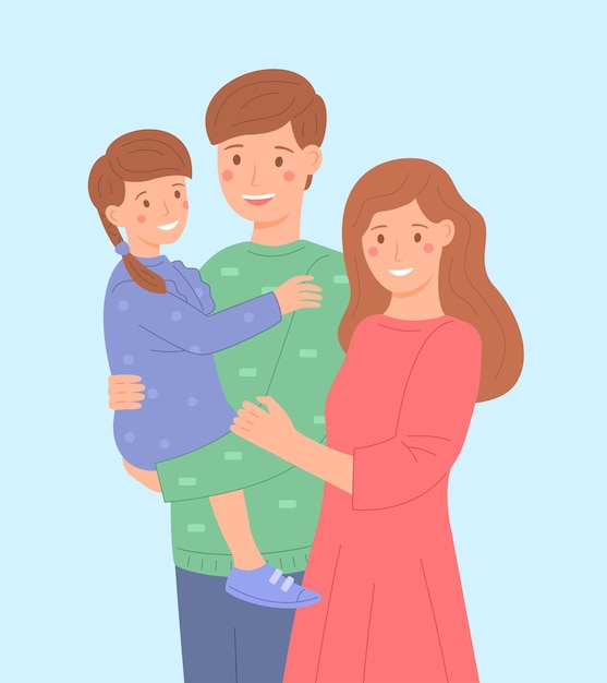 Junge familie zusammen flachen stil glückliche eltern mit ihrer kleinen tochter vektor-illustration