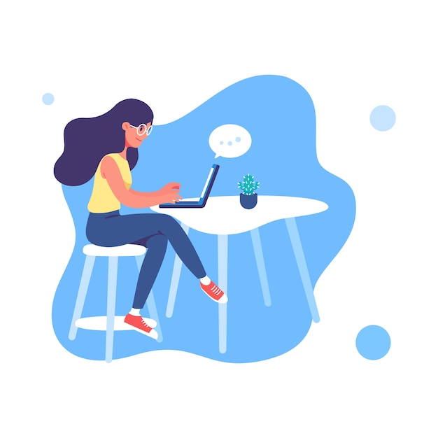 Junge Frau, die an der Laptopillustration arbeitet