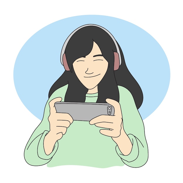 Junge Frau, die ein Headset trägt und ein Online-Spiel auf dem Smartphone spielt, Illustrationsvektor, handgezeichnet, isoliert auf weißem Hintergrund