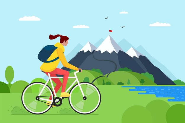 Vektor junge frau, die fahrrad in den bergen reitet. mädchen-radfahrertourist mit rucksack auf fahrradreisen in der natur. aktive erholung der weiblichen radfahrer auf hügelsee und -wald. fahrradtour touring-vektor-illustration