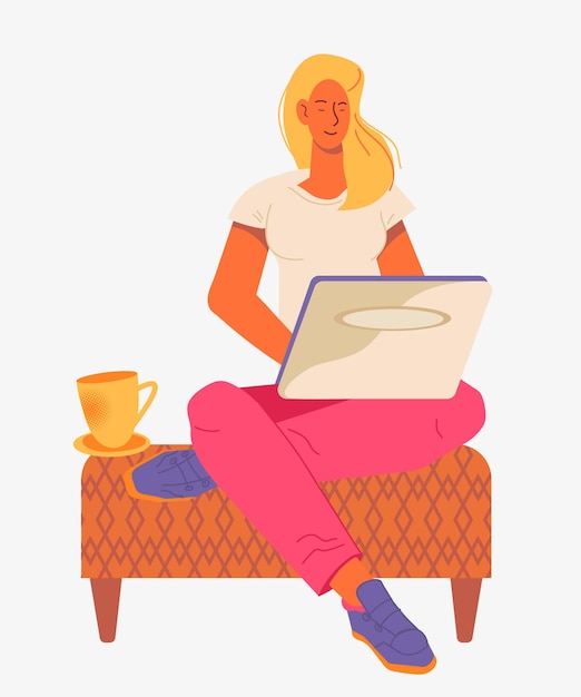Junge frau, die fern von zu hause an der flachen vektorillustration des laptops arbeitet