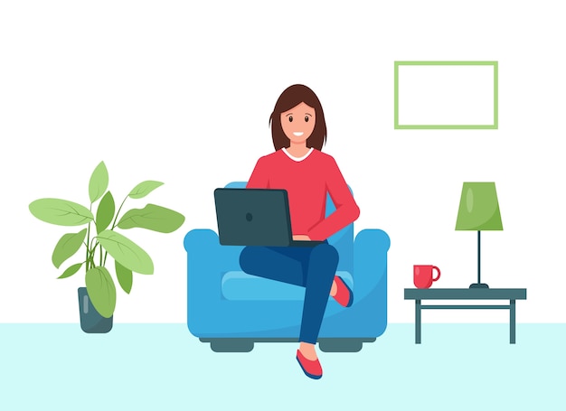 Junge Frau, die im Sessel sitzt und online zu Hause arbeitet oder lernt.