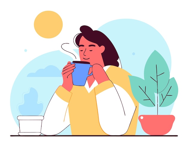 Junge Frau, die Kaffee trinkt Illustration des Charakters