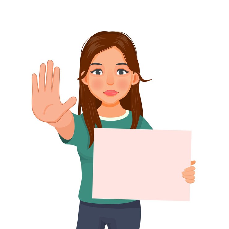 Vektor junge frau, die leeres plakat oder schild hält, das stopphandflächengeste mit ernstem ausdruck zeigt