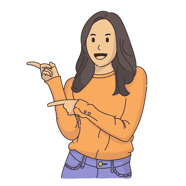 junge Frau, die mit dem Finger zeigt, Handgestur, flache Gestalt, Vektor 2