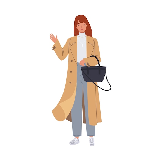 Vektor junge frau, die modischen mantel trägt. weibliche figur in modekleidung mit trendiger handtasche. illustration in einem flachen stil