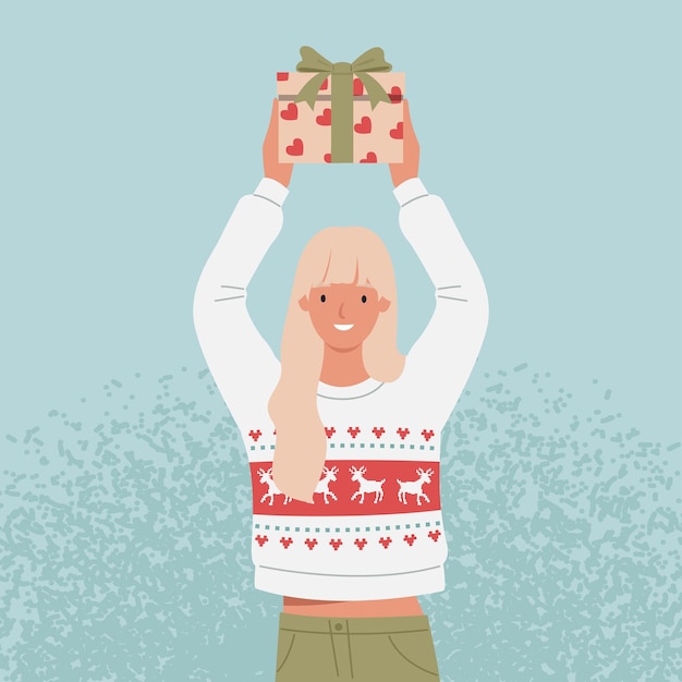 Junge frau im pullover hält ein weihnachtsgeschenk in ihren händen. illustration in einem flachen stil