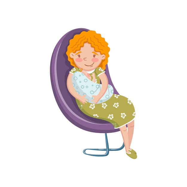 Junge frau in freizeitkleidung sitzt am stuhl mit neugeborener baby-cartoon-vektorillustration auf weißem hintergrund