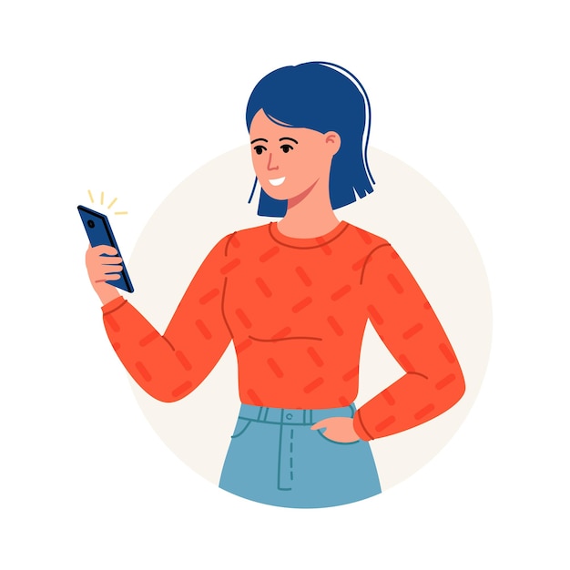Junge Frau in rotem Pullover benutzt Smartphone-Chats oder -Reden Glückliches Mädchen sieht am Telefon aus