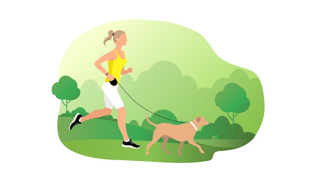 Junge Frau läuft mit einem Hund im Park. Vektorillustration