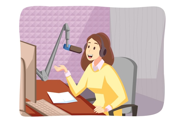 Junge frau mädchen blogger radio host cartoon-figur sitzt im studio im mikrofon sprechen