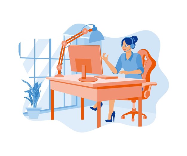Junge Frau mit Headset arbeitet von zu Hause aus und entwickelt Software mit Computern.