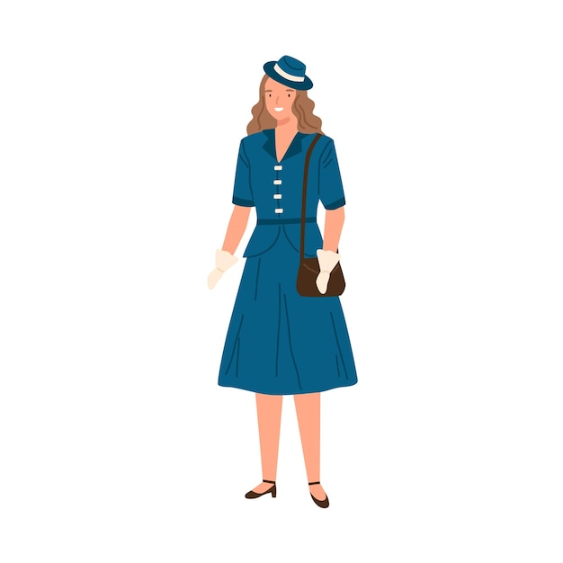 Junge frau mit kleid, hut und handschuhen im stil der 40er jahre. modische weibliche figur mit tasche in stilvoller retro-kleidung. flache vektorkarikaturillustration von lokalisiert auf weißem hintergrund.