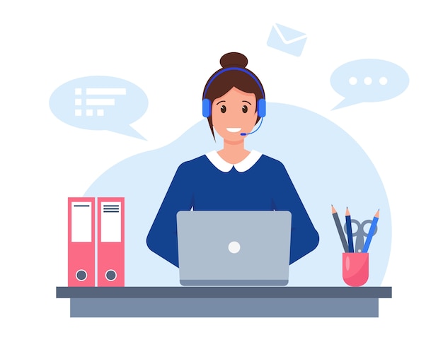 Junge Frau mit Kopfhörern, Mikrofon und Laptop, die im Kundendienst-, Unterstützungs- oder Call-Center-Konzept arbeiten.