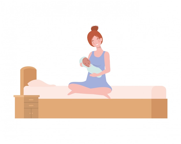 Junge Frau mit neugeborenem Baby im Bett