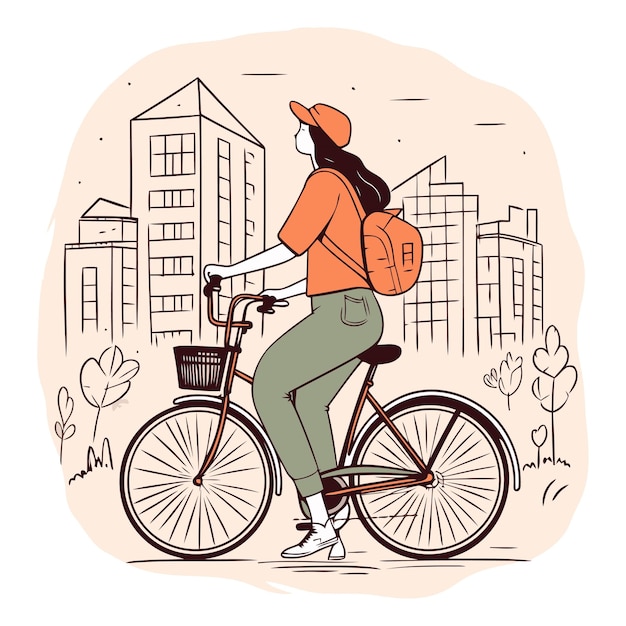 Vektor junge frau mit rucksack fährt fahrrad in der stadt