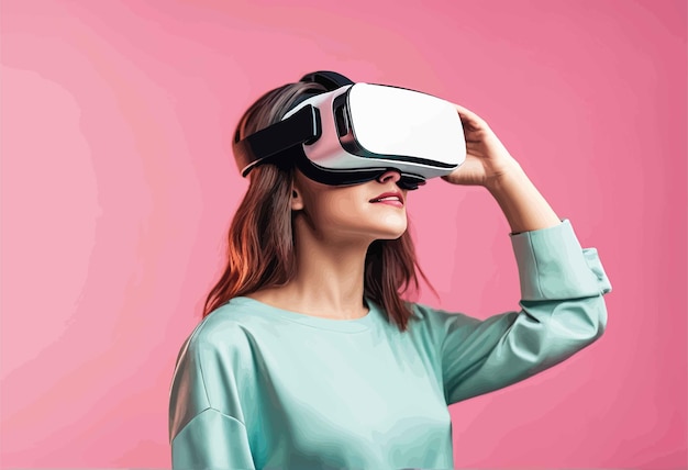 Junge Frau mit Virtual-Reality-Headset vor blauem Hintergrund. Junge Frau mit Virtual-Reality-Headset