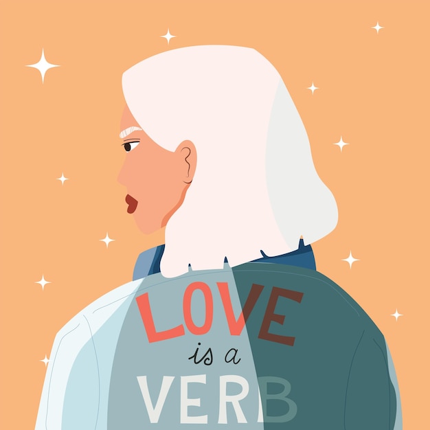 Junge frau mit weißen haaren, die eine jeansjacke mit der aufschrift love trägt, ist ein verb selbstbewusstes mädchen auf orangefarbenem hintergrund bunte vektorillustration