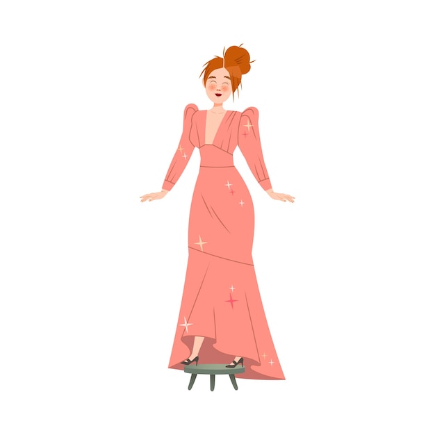 Junge Frau passt ein langes Kleid in einem Atelier oder einem Tailor-Studio Vektorillustration