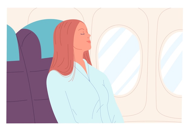 Junge frau schläft im flugzeug. vektorillustration