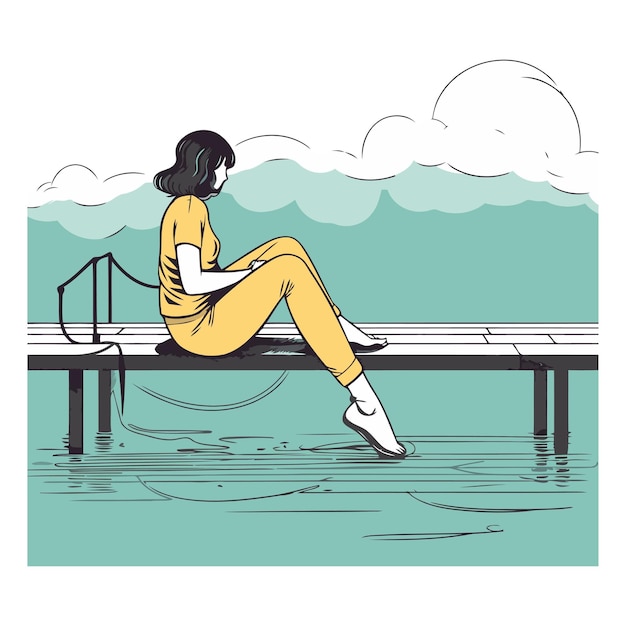 Vektor junge frau sitzt auf dem pier im sketch-stil