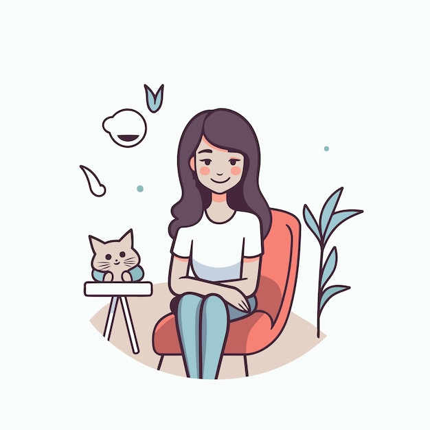 Junge Frau sitzt in einem Sessel mit Katze Flachvektor-Illustration