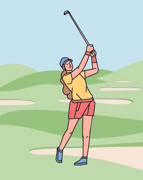 Vektor junge frau spielt golf auf der golfbahn-linie-stil-illustration