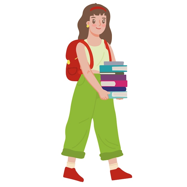 Junge Frau trägt eine Akte Bücher und einen Rucksackvektor