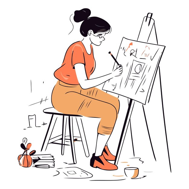 Junge frau zeichnet in einem kunststudio eine handgezeichnete vektorillustration im sketch-stil