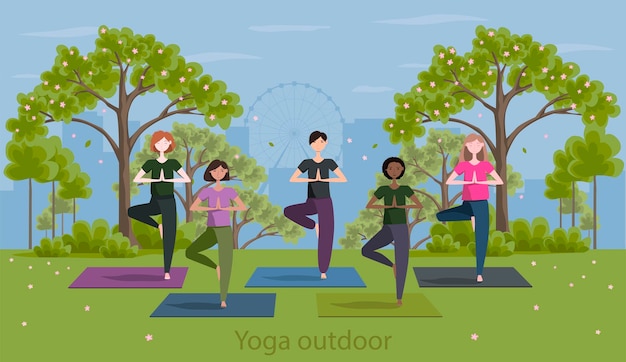 Junge Frauen in Sportbekleidung trainieren Yoga im Freien im Stadtparkfrühling. Yogastunde draußen. Flacher Stil