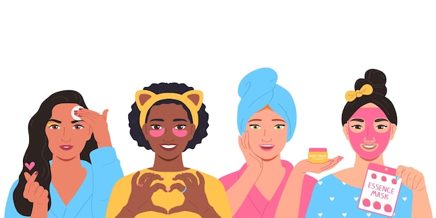 Junge frauen kümmern sich um ihre hautmultiethnischefrauen verschiedener kulturencartoon-vektorillustration