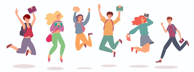 Junge fröhliche Menschen Cartoon-Figuren springen flache Illustration isoliert