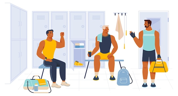 Junge, fröhliche Sportler in der Männerumkleidekabine nach dem Training im Fitnessstudio