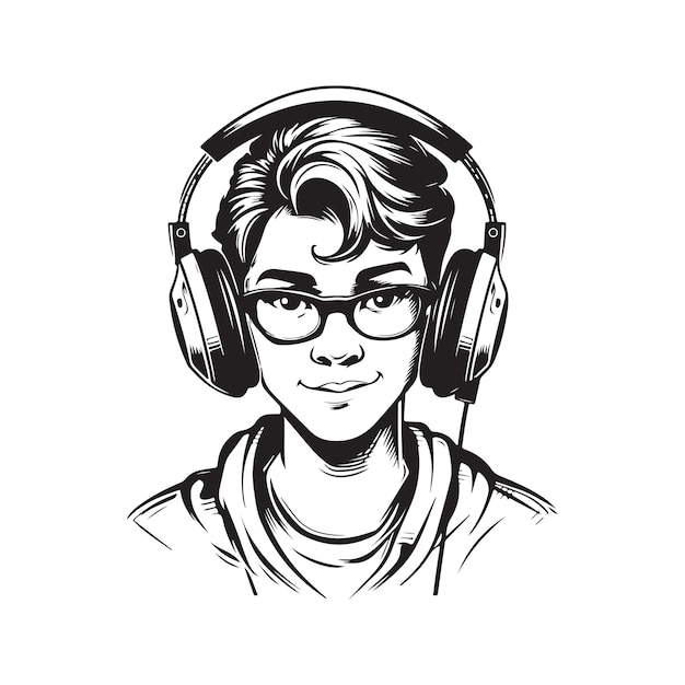 Junge Gamer Vintage Logo Line Art Konzept Schwarz-Weiß-Farbe handgezeichnete Illustration