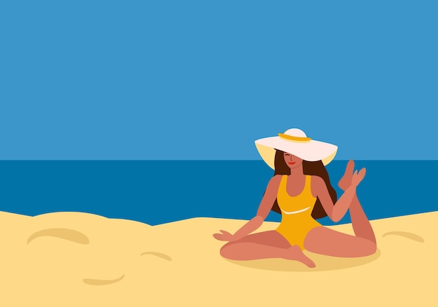 Junge, gebräunte Frau im Badeanzug macht Yoga am Strand