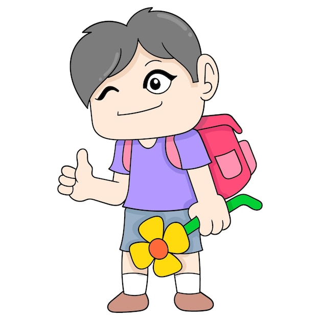Junge geht zur schule mit sonnenblumen doodle symbolbild kawaii