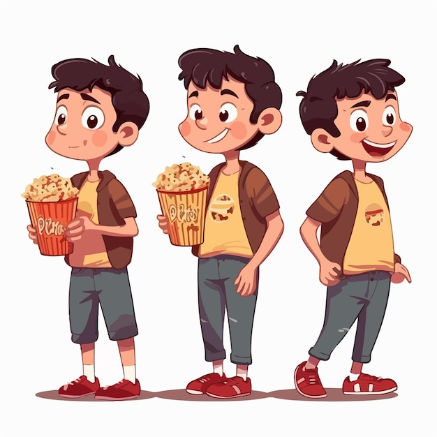 Vektor junge genießt popcorn-cartoon-illustration-kind-multipose