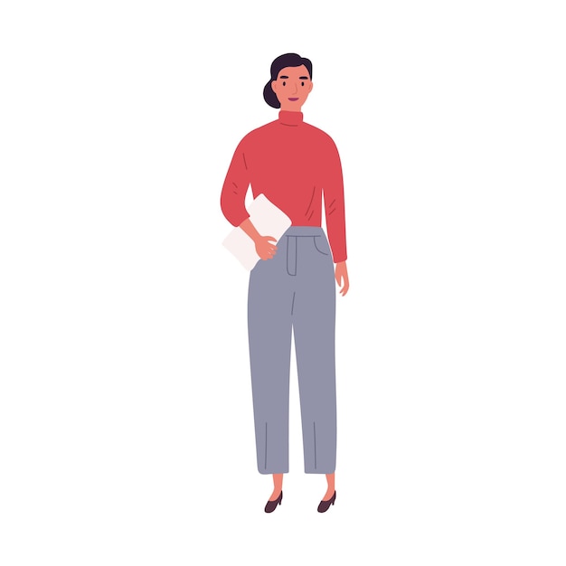 Junge Geschäftsfrau, die Papierdokumente trägt, vector flache Illustration. Lächelnde trendige Unternehmerin oder Büroangestellte, die isoliert auf Weiß steht. Chefin oder Managerin des Unternehmens.