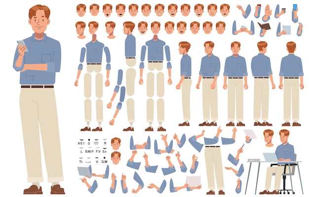 Junge Geschäftsmann Charakterkonstrukteur Schreiber Setze verschiedene Positionen Beine animation_ai_generiert
