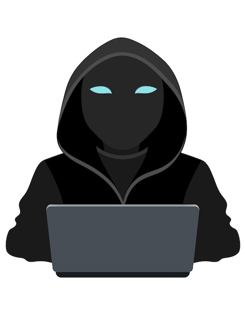 Junge Hacker-Programmierer, IT-Spezialist, Programmierer, sitzend an einem Laptop in einem Pullover mit einer Kapuze, flache Vektor-Illustration