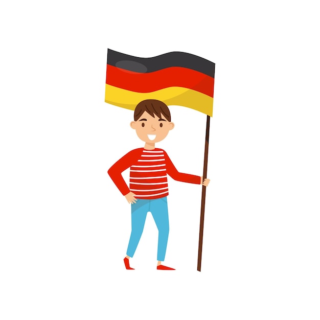 Junge hält die deutsche nationalflagge als designelement für den unabhängigkeitstag flagge tag vektor illustration isoliert auf weißem hintergrund