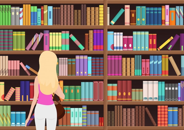 Junge hübsche blonde Frau wählt ein Buch in der Bibliothek.