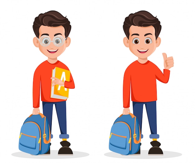 Junge ist zur Schule, Zeichentrickfilm-Figur bereit