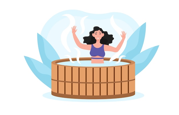 Vektor junge lächelnde weibliche figur sitzt in einem holzbad und nimmt sauna und spa-wasserprozeduren ein