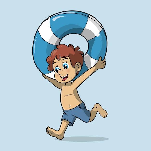 Junge läuft mit einem schwimmer über dem kopf, um in das wasser zu gelangen. zeichentrickfilm-stil-vektor-illustration
