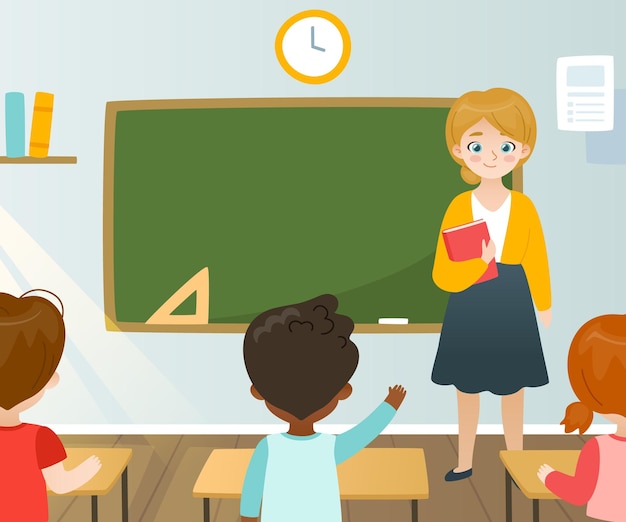 Junge Lehrerin leitet den Unterricht vor der Tafel Klassenzimmer mit Lehrerin und sitzenden Schülern