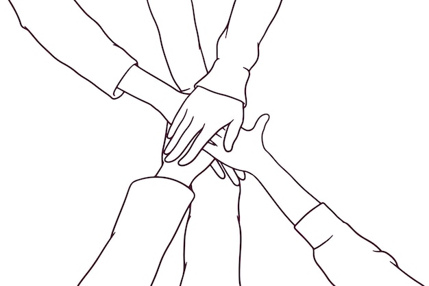 Junge Leute, die ihre Hände zusammenlegen, Stapel von Händen, Freundschaftskonzept, handgezeichnete Stilvektorillustration